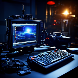 A man watching a movie on a laptop screen, the display blurred, while a second laptop on the table shows a stuttering waveform tim