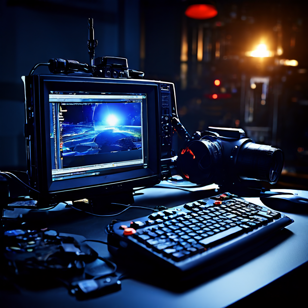 A man watching a movie on a laptop screen, the display blurred, while a second laptop on the table shows a stuttering waveform tim