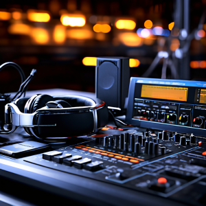 Audio engineer adjusting mixing console with headphones, a pair of studio monitors visible in the background, and a digital audio