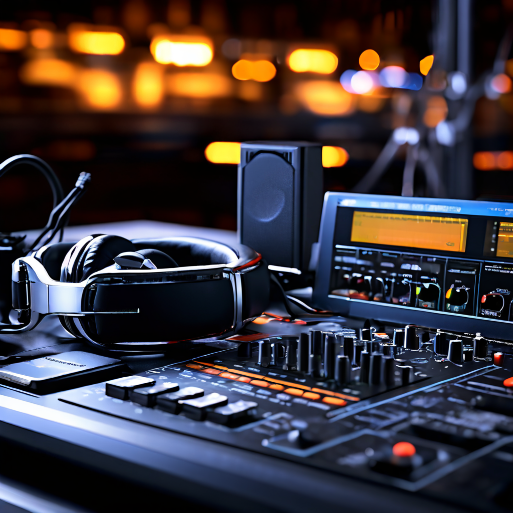 Audio engineer adjusting mixing console with headphones, a pair of studio monitors visible in the background, and a digital audio