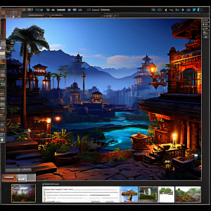 A gamer's hand holding a game controller in dim blue light, focused on a high-resolution monitor showing a blurred landscape scene