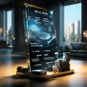 Digital lobby interface with glowing data paths and secure online service flow.